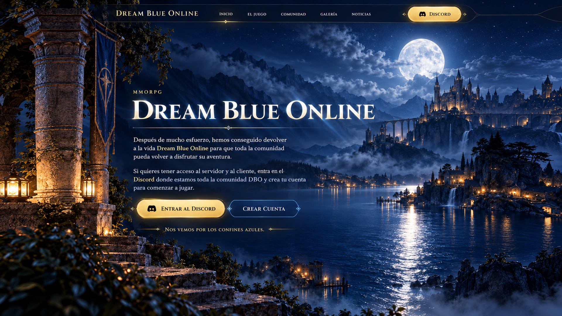 Dream Blue Online, paisaje nocturno azul con ciudad, lago y luna